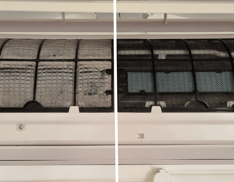 Filtre thermopompe murale nettoyage avant après — JMR Ventilation