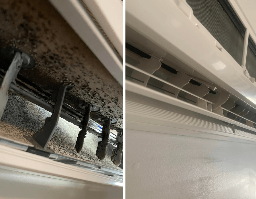 Moisissures thermopompe murale avant après — JMR Ventilation
